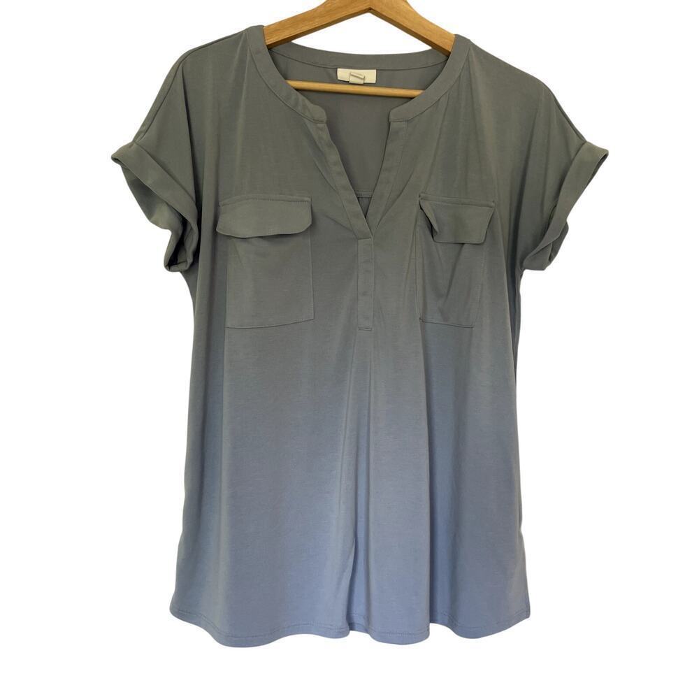 J.Jill V-Neck Short Sleeve Top Size M Light Blue Women Modal Blend Pockets